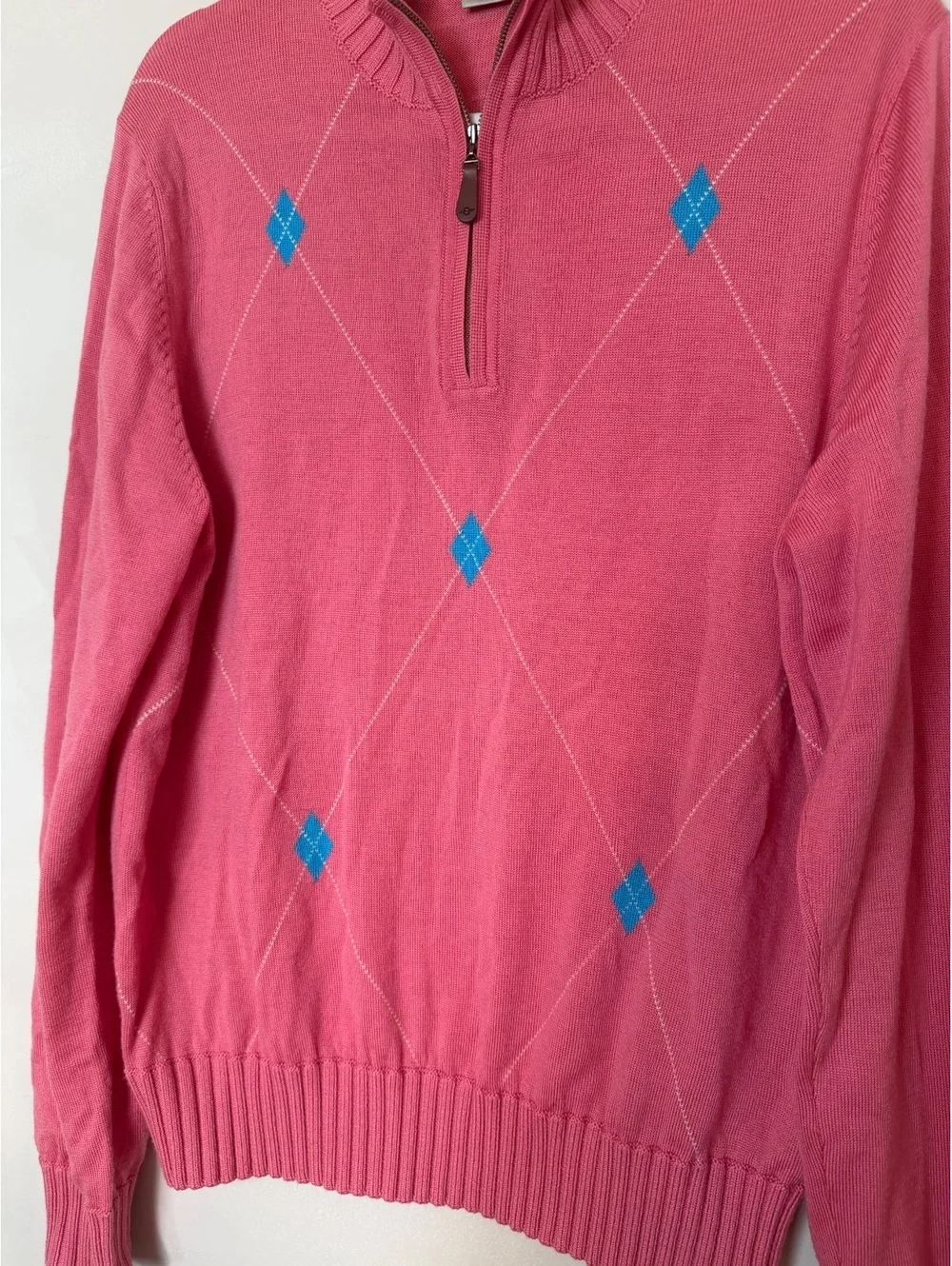 Martin Mens Pink 1/4-Zip Argyle Golf Sweater. 100% Italian Merino Wool. Medium